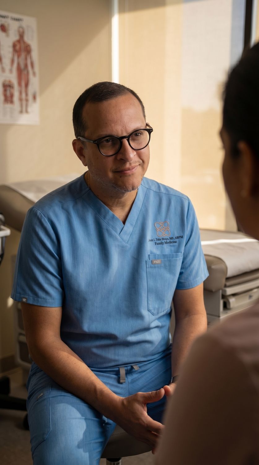 Dr. Vélez atendiendo a su paciente
